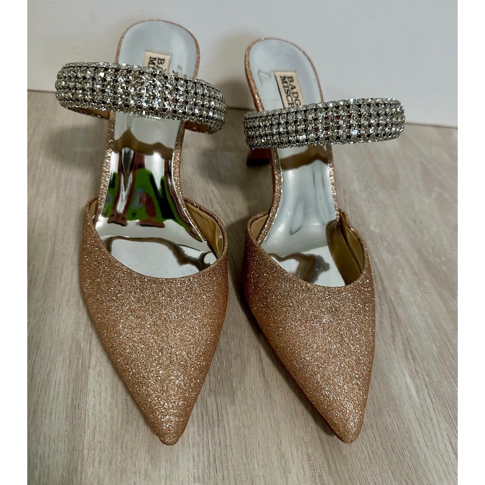 Badgley Mischka Rose Gold Glitter Pointed Toe Mules Heels Shoes Size‎ 8 - Picture 9 of 12